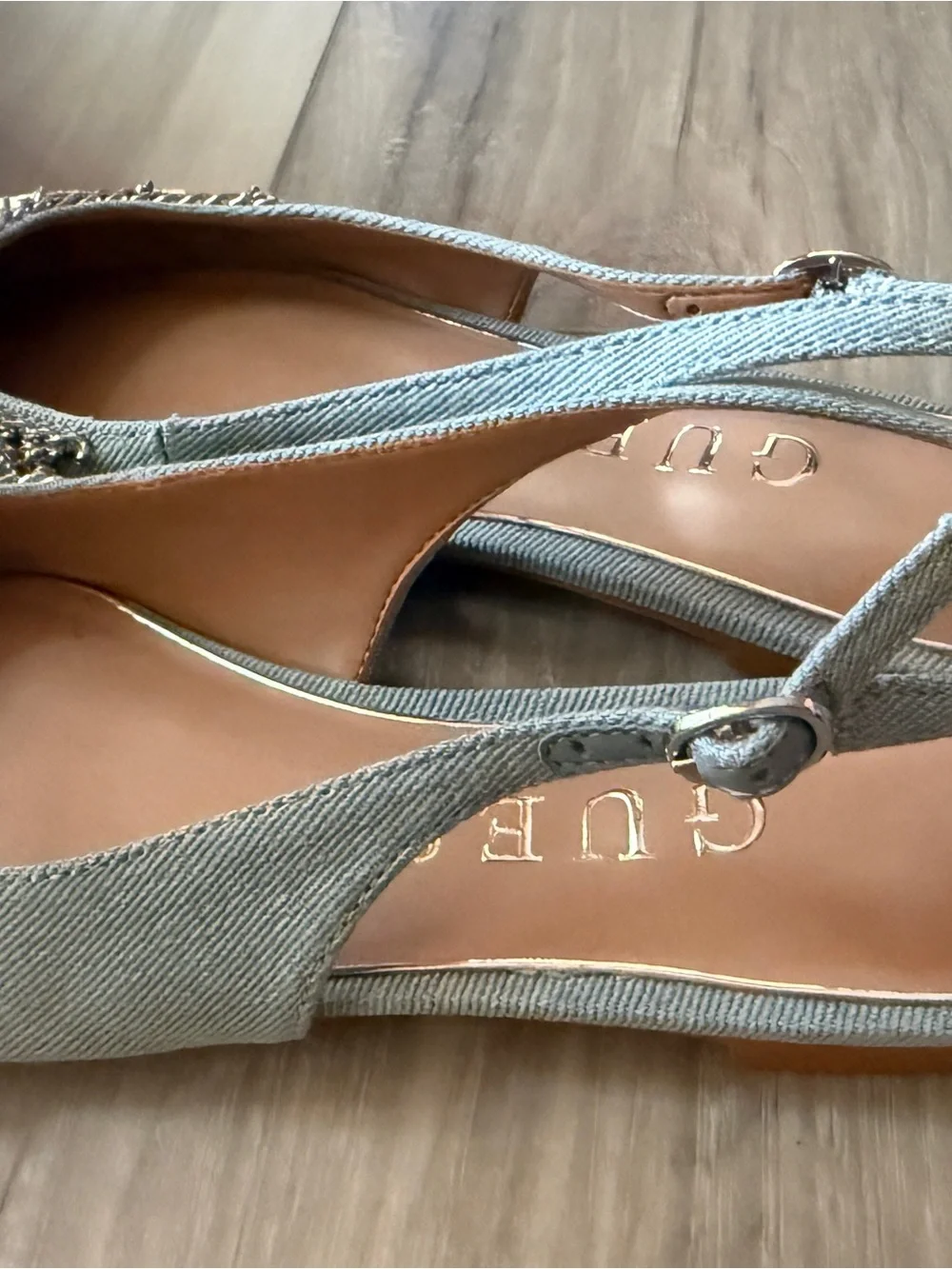 Guess Crystal-Embellished Light Blue Slingback Heels